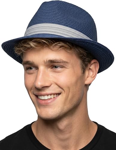Funky Junque Packable Straw Fedora, Mens Panama Trilby Hat - color: Navy Blue, size: Small-Medium