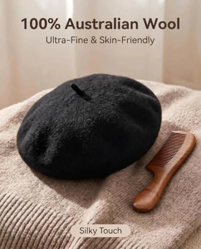 French Beret Hats for Women Men - Classic Wool Beanie Winter Cap - color: Black