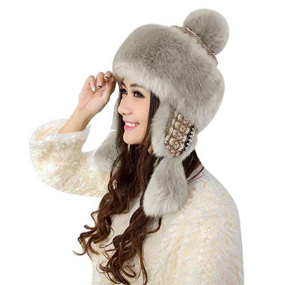 Warmer Faux Fur Trapper Hat for Women, Furry Warm Mongolian Russian Skiing Winter Cold Windproof Earflap Outdoor Cap - color: Khaki 01