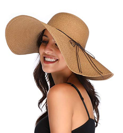 Lanzom Womens Wide Brim Straw Hat Big Floppy Foldable Roll up Cap Beach Sun Hat UPF 50+ - color: String-khaki
