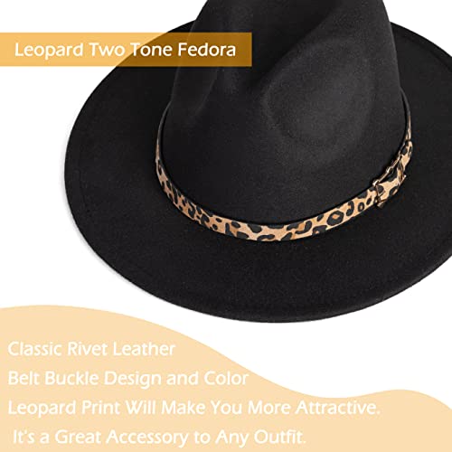 Women Two Tone Wide Brim Fedora Felt Panama Hat - color: Square Buckle-black Leopard
