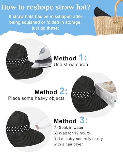 Sun Beach Straw Hats for Women, Summer Wide Brim Hat - color: Light Black, size: X-Large