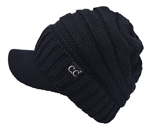 C.C Trendy Warm Oversized Chunky Soft Oversized Ribbed Slouchy Knit Hat with Visor Brim - color: Black