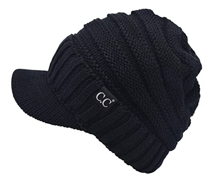 C.C Trendy Warm Oversized Chunky Soft Oversized Ribbed Slouchy Knit Hat with Visor Brim - color: Black