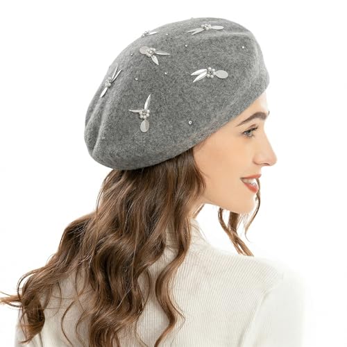 ZLYC Women French Beret Hat Reversible Knit Thickened Warm Artist Cap - color: Paillettes Bunny Gray