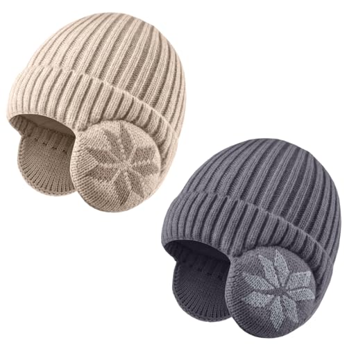 2 Pack Kids Beanie Winter Hat for 3-10 Years Cute Warm Fleece Lined with Ear Flaps for Boys and Girls - color: Dark Grey+beige