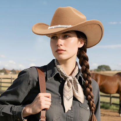 Western Cowboy Hats for Women Classic Felt Wide Brim Fedora Hat with Belt Buckle Retro Panama Hat Unisex Rolled up Cap - color: 1 Pack : Camel With 3 Rhinestones Bands