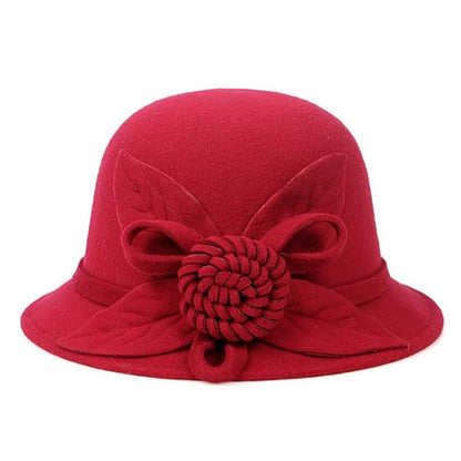 Woolen Cloche Hat for Women, Flower Winter Warm Bucket Cap - color: Wine Red