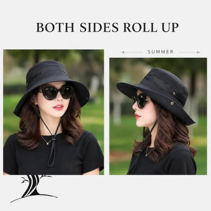 Sun Hats for Women Outdoor Breathable Wide Brim Hat Mesh Ponytail Hole Bucket Hat - color: Black