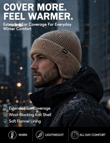 Durio Winter Beanie Hat with Earflap Windproof Knitted Cap - color: Khaki