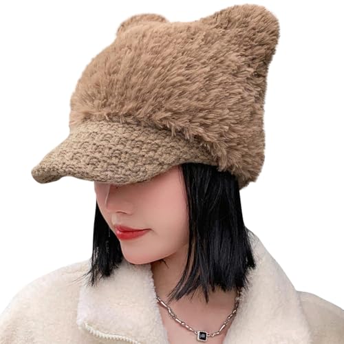 Cat Ears Fleece Lined Brimmed Beanie Hats Winter Golf Cap Brim Bill Visor Women - color: Dark-khaki
