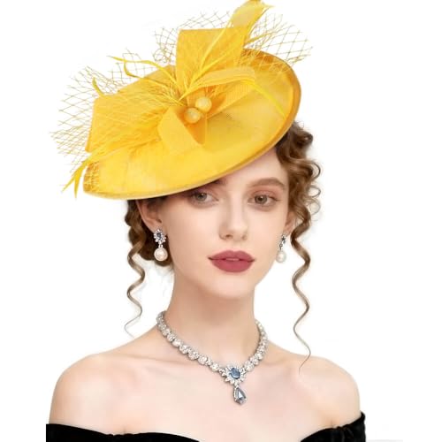 AQOKKA Women Fascinators Hats Flower Mesh Feathers Headband Clip - color: 1 Pc Feather Fascinators : Yellow