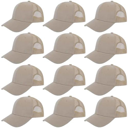 ZH 12 Pack Mesh Trucker Hats, Bulk Baseball Caps for Men and Women, Trucker Cap Wholesale - color: Khaki