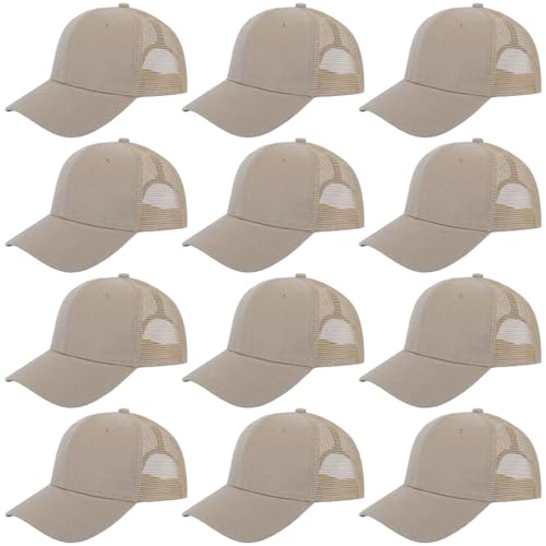 ZH 12 Pack Mesh Trucker Hats, Bulk Baseball Caps for Men and Women, Trucker Cap Wholesale - color: Khaki