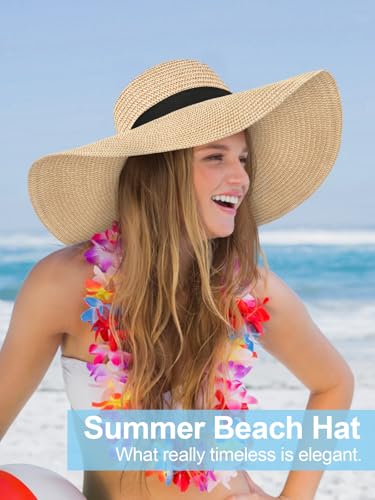 Floppy Sun Hats for Women, Summer Wide Brim Straw Beach Hat - color: Beige Khaki, size: Large