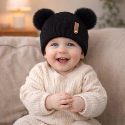 Toddler Winter Beanie Hats 3 Pack – Double Pom Pom Soft Knitted Hats for Baby Boys Girls 6–36 Months - color: Purple+pink+caramel