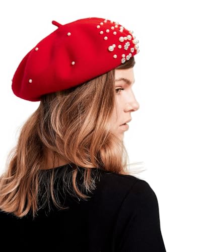Women Wool Beret Hat, Classic French Artist Hat, Winter Warm Hat for Ladies - color: Red and Rhinestone