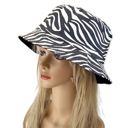 Joylife Animal Print Bucket Hat Novelty Pattern Sun Hats Reversible Packable Fishing Cap for Women, Men - color: Zebra Print, White Stripe Black Hat
