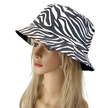 Joylife Animal Print Bucket Hat Novelty Pattern Sun Hats Reversible Packable Fishing Cap for Women, Men - color: Zebra Print, White Stripe Black Hat