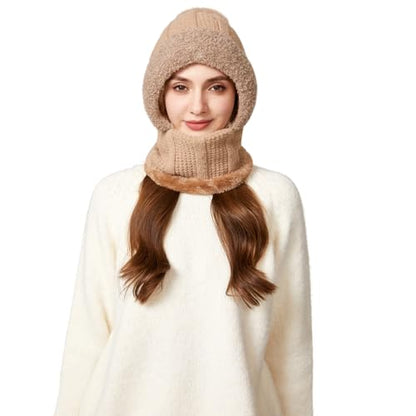 HUAMULAN Women Cable Knit Balaclavas Winter Fleece Lined Beanie Hat - color: Solid Khaki