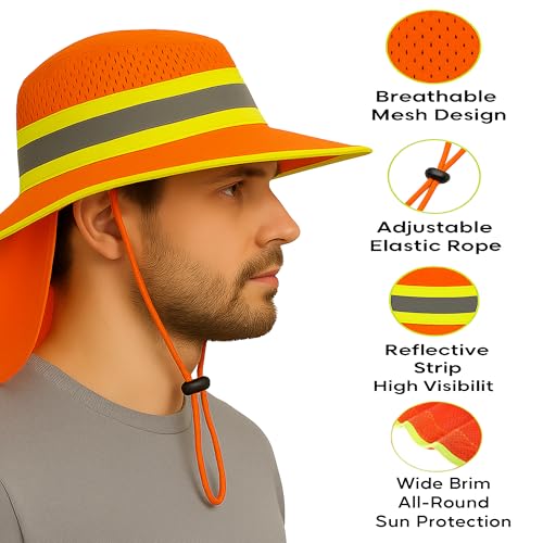 Men High Visibility Reflective Work Safety Sun Hat with Neck Flap Wide Brim Boonie UV Protection - color: 1pc Neon Orange