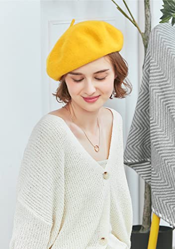 Women French Wool Beret Hats - Solid Color Classic Beanie Winter Cap - color: Yellow