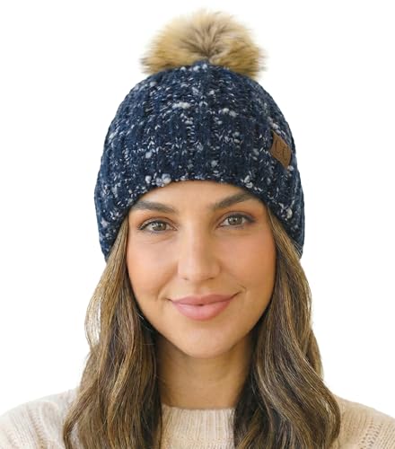 C.C Women’s Popcorn Confetti Knit Beanie Fuzzy Insulated Lined with Faux Fur Pom – Warm Winter Hat & Cozy Skull Cap - color: Navy Blue