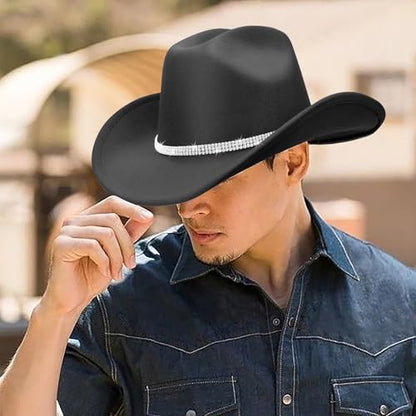 Western Cowboy Hats for Women Classic Felt Wide Brim Fedora Hat with Belt Buckle Retro Panama Hat Unisex Rolled up Cap - color: 1 Pack : Black With 3 Rhinestones Bands