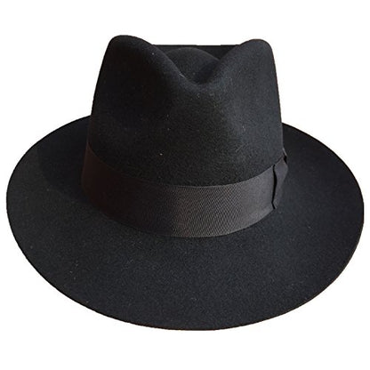 Classic Black Men's Wool Felt Godfather Gangster Mobster Gentleman Fedora Hat - size: 7 5/8