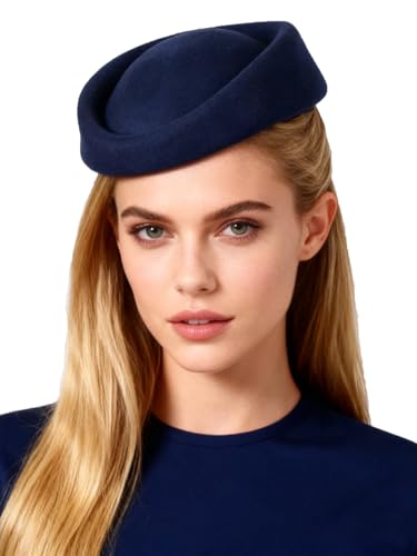 HIMESPORT Wool Felt Beret Derby Fascinator Hats for Women Ladies Church Tea Party Formal Wedding Pillbox Hat - color: Navy Blue