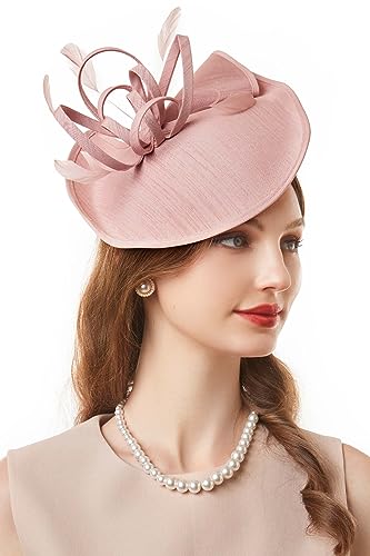 BABEYOND Wide Linen Feather Derby Fascinators Hats for Women Tea Party Hat - color: Style 2-nude Pink