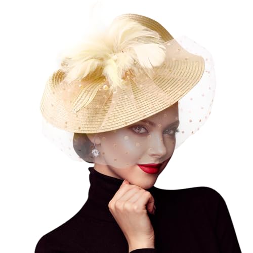 DRESHOW Fascinators Hat Flower Mesh Feathers Hat with a Headband and a Clip 7.9" Tea Party Headwear for Women - color: Folded Style 1: Light Gold / 7.9"
