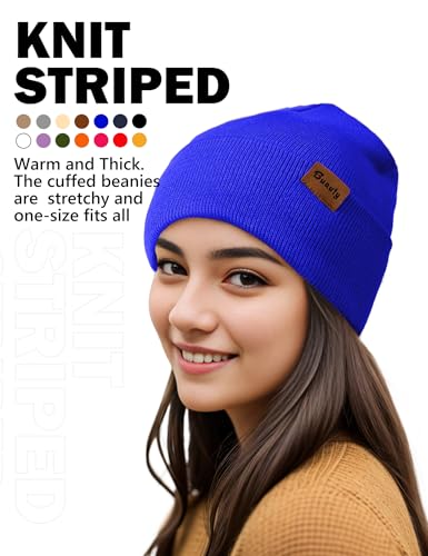 Beanie Hats for Men Women Knit Winter Hat, Warm Skull Stocking Cap, Striped Snow Hat Heated Cuffed Beanie - color: 2p-black+blue