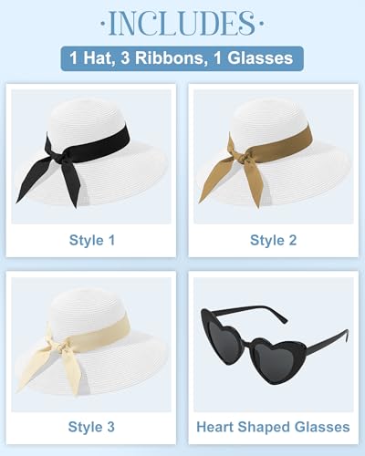 Sun Straw Hats for Women, Wide Brim Summer Beach Hat - color: White, size: Large