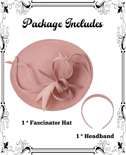 Kidukso Fascinators Hat 20s 50s for Women Derby Hat Vintage Feather Headband for Tea Party Church Wedding Cocktail - color: Nude Pink