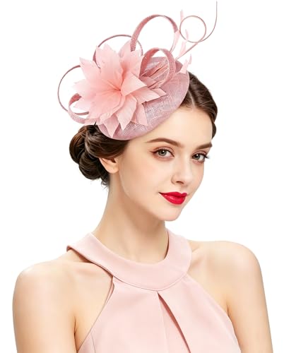 Z&X Sinamay Fascinator Hat Floral Feather Pillbox Derby Hats for Women Wedding Tea Party with Headband Clip - color: 008b Nude Pink