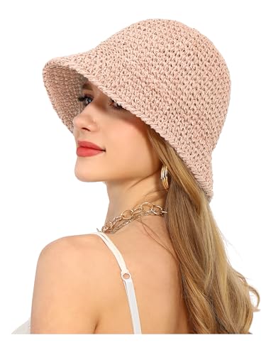 Womens Sun Hat Handmade Straw Bucket UV Protection Travel Summer Beach Cap - color: Pale Dogwood