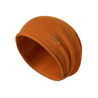 100% Merino Wool Slouchy Beanie Hat, Women Warm Winter Caps Soft, Ladies Breathable & Cozy Stretchy Knitted Skull Cap - color: Orange