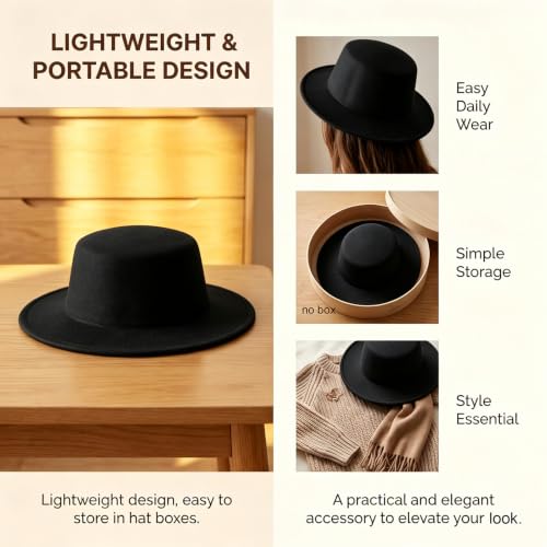 Black Flat Top Fedora Hat, Wool Blend Derby Cap Classic Formal Hat for Events & Daily Wear - color: Black