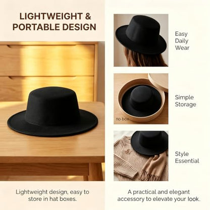 Black Flat Top Fedora Hat, Wool Blend Derby Cap Classic Formal Hat for Events & Daily Wear - color: Black