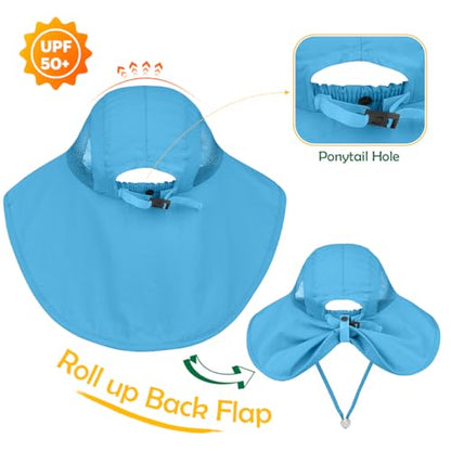 Kids Sun Hat UPF50+ Summer Beach Play Sun Protection Hats with Neck Flap for Ages 5~14 Girls Boys - color: Blue＆pink