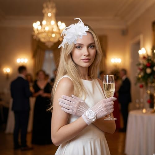 2PCS 20s 50s Fascinator Hat for Women Tea Party Hat with Gloves for Wedding Cocktail Party - color: White