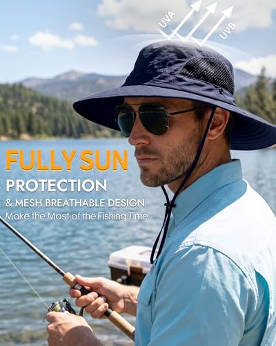 Sun Hats for Men Women UV Sun Protection Waterproof Wide Brim Bucket Hat - color: Navy Blue