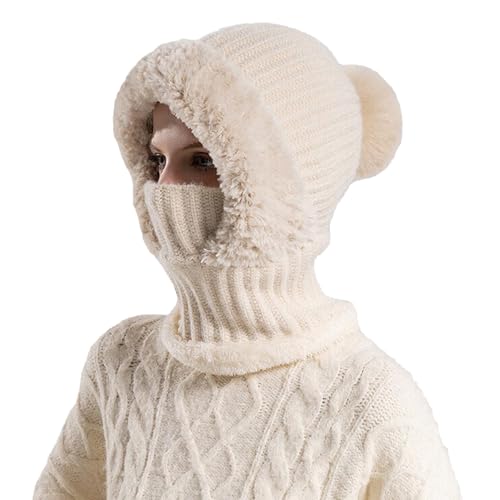 Women’s Knitted Beanie Hat with Face Cover - 3 in 1 Winter Balaclava with Mask Scarf Ear Muffs Pompom Fleece Lined Snow Caps - color: Beige-a