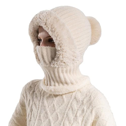 Women’s Knitted Beanie Hat with Face Cover - 3 in 1 Winter Balaclava with Mask Scarf Ear Muffs Pompom Fleece Lined Snow Caps - color: Beige-a