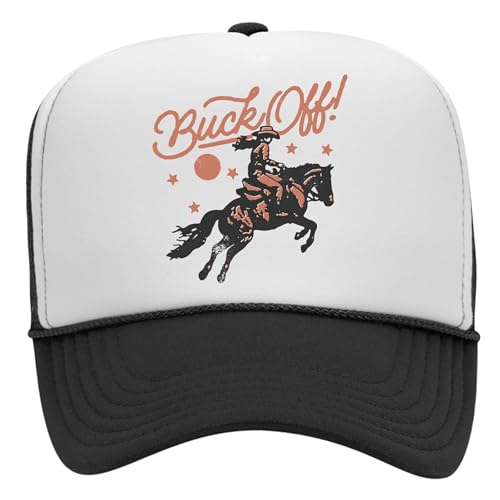 Buck Off! Trucker Hat | Vintage Cowboy Cowgirl Western Funny | Premium Mesh Foam Snapback Hat for Men & Women - color: Black/White
