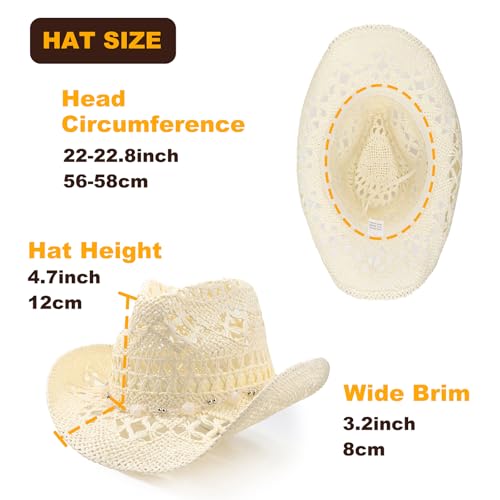 AQOKKA Straw Cowboy Hats for Women Men Western Cowgirl Hats with Shapeable Brim Woven Hollow Out Unisex Beach Roll Up Caps - color: Cowboy Hat : Milky White