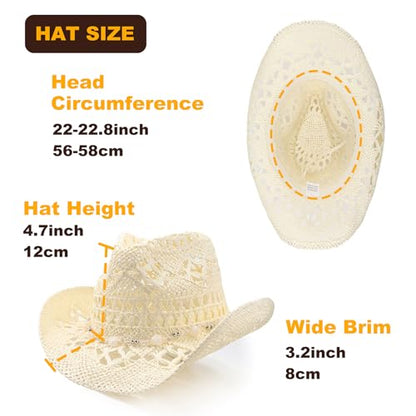 AQOKKA Straw Cowboy Hats for Women Men Western Cowgirl Hats with Shapeable Brim Woven Hollow Out Unisex Beach Roll Up Caps - color: Cowboy Hat : Milky White