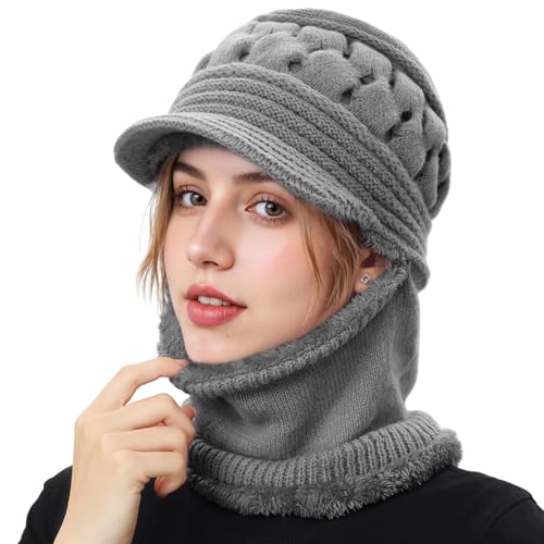Womens Winter Beanie Hats, Winter Scarf Mask Set for Women - color: Grey