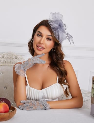 Fascinators Hat Clip Hat Wedding Cocktail Tea Party Headwear and Short Lace Bowknot Gloves for Women - color: Grey